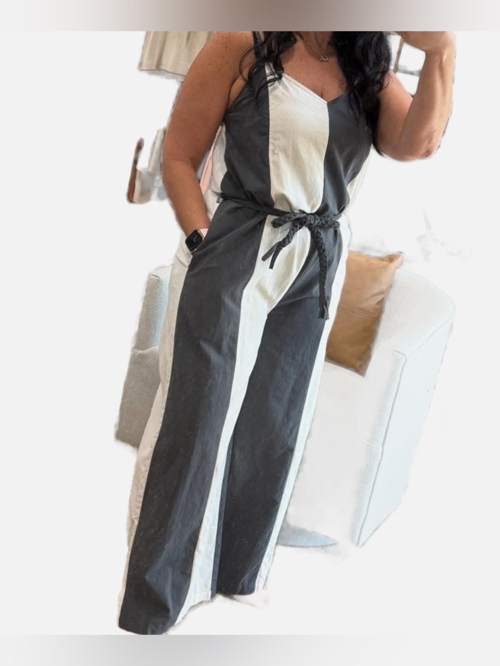 Listicle Black and Cream Colorblock Jumpsuit with Braided Waist Tie